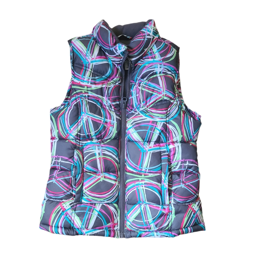 Old Navy puffer vest, fleece lined, zipper, pockets, peace signs, 7-8
